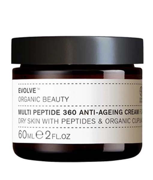 En krukke med Evolve Organic Beauty Multi Peptide 360 Anti-ageing Cream 60 ml.